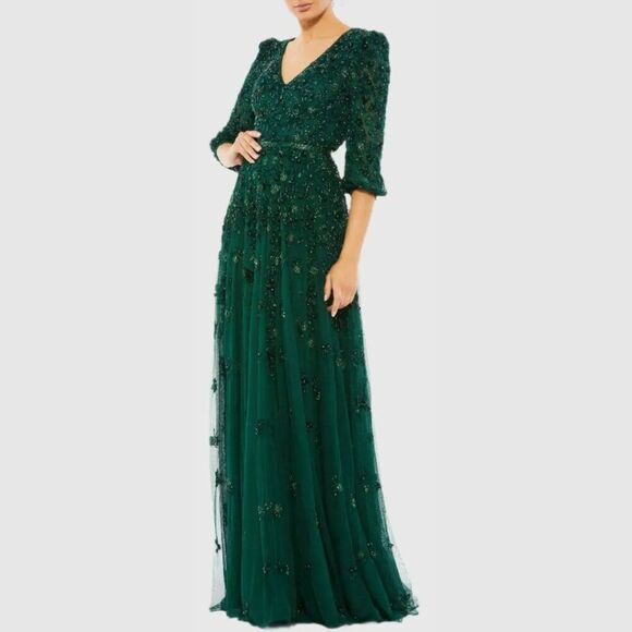 Mac Duggal 5497 Size 20 Emerald Green Floral Beaded Long Maxi Dress Evening Gown - Picture 3 of 5